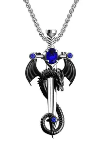 Trendy Vintage Multicolor Gemstone Dragon Sword Pendant With Necklace, Fashion Stainless Steel Chain, Hip Hop Punk Jewelry
