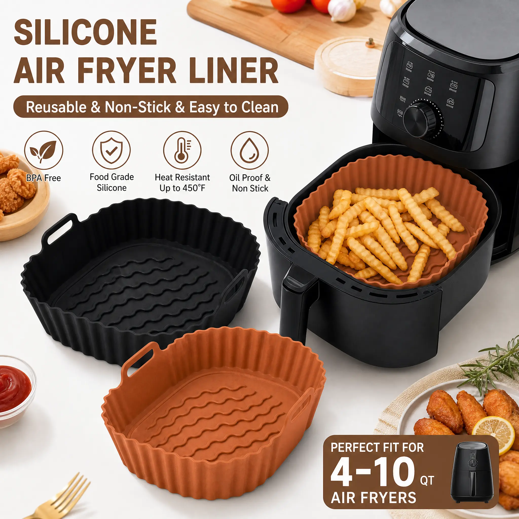 Square Silicone Air Fryer Liners, Air Fryer Sheets, Compatible with 4-10 QT, Reusable Silicone Basket, Air Fryer Accessories Air Fryer Liners Heavy-Duty Non-Stick Oil-Resistant Replace Disposable Parchment Paper Gifts For Party