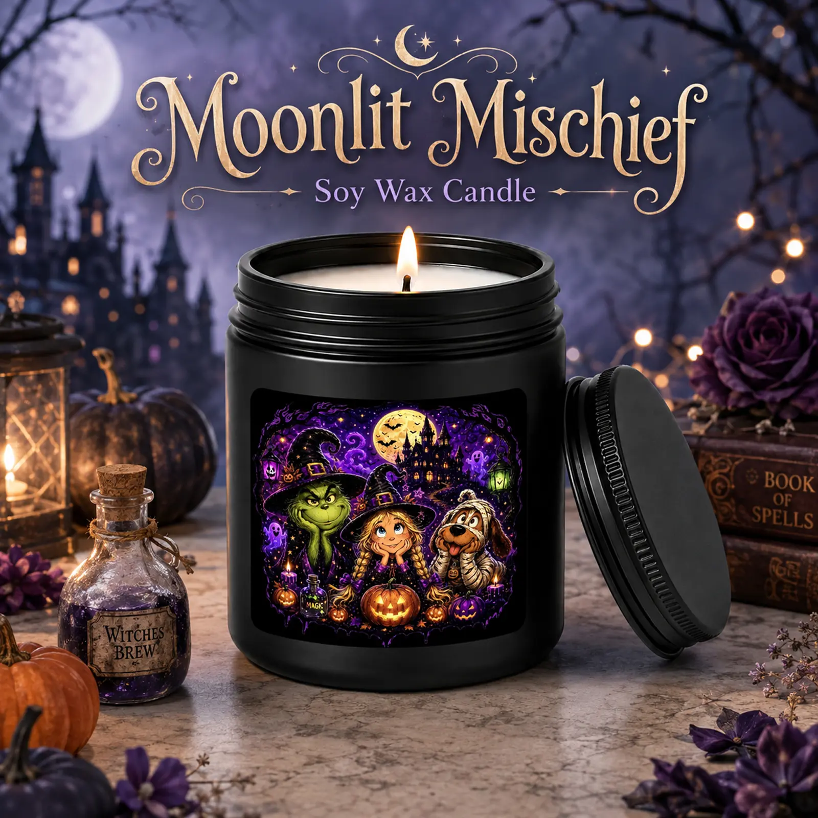 1Pc Handmade Retro Scented Soy Aroma Candle - Halloween Witch Castle Grinch Cartoon Print, 50-Hour Burn Wick, Freshener Ornament for Women, Bedroom Living Room Holiday Home Decor Gift, Ornaments, Cozy