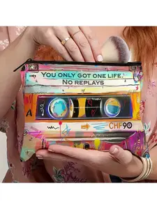 1 Retro Tape Makeup Bag - 80s Nostalgic Design, Cosmetic Bag, Printed with Tape Pattern and "You Only Live Once" Label, Lightweight Zipper Closure Travel Camping Fitness Storage Bag - Unisex Portable Makeup Case