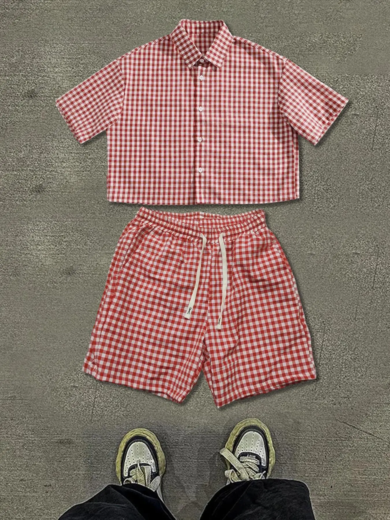 Two-Piece Set Men's Plaid Print Checkered Gingham Short Sleeve Crop Shirt & Shorts, Regular Fit Casual Street Shortsleeve Collared Top & Shorts, Men's Summer Menswear Checked Clothes Shorts Set Outfit