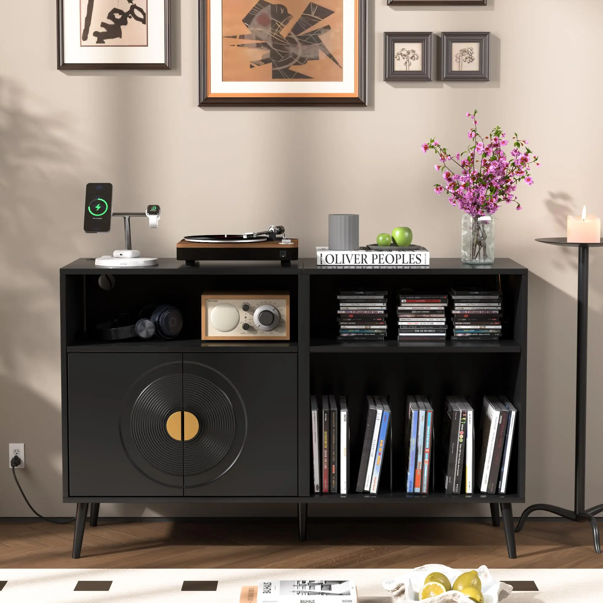 Large Record Player Stand with Door - Freestanding Multi-Tiered Wood-Finished Organizational Storage CD Racks, Retro Modern Indoor Furniture Shelf with Metal Legs, Natural Wood Decor, 25+kg Load Capacity, Vinyl Display for Bedroom, Living Room, Wood-Finis