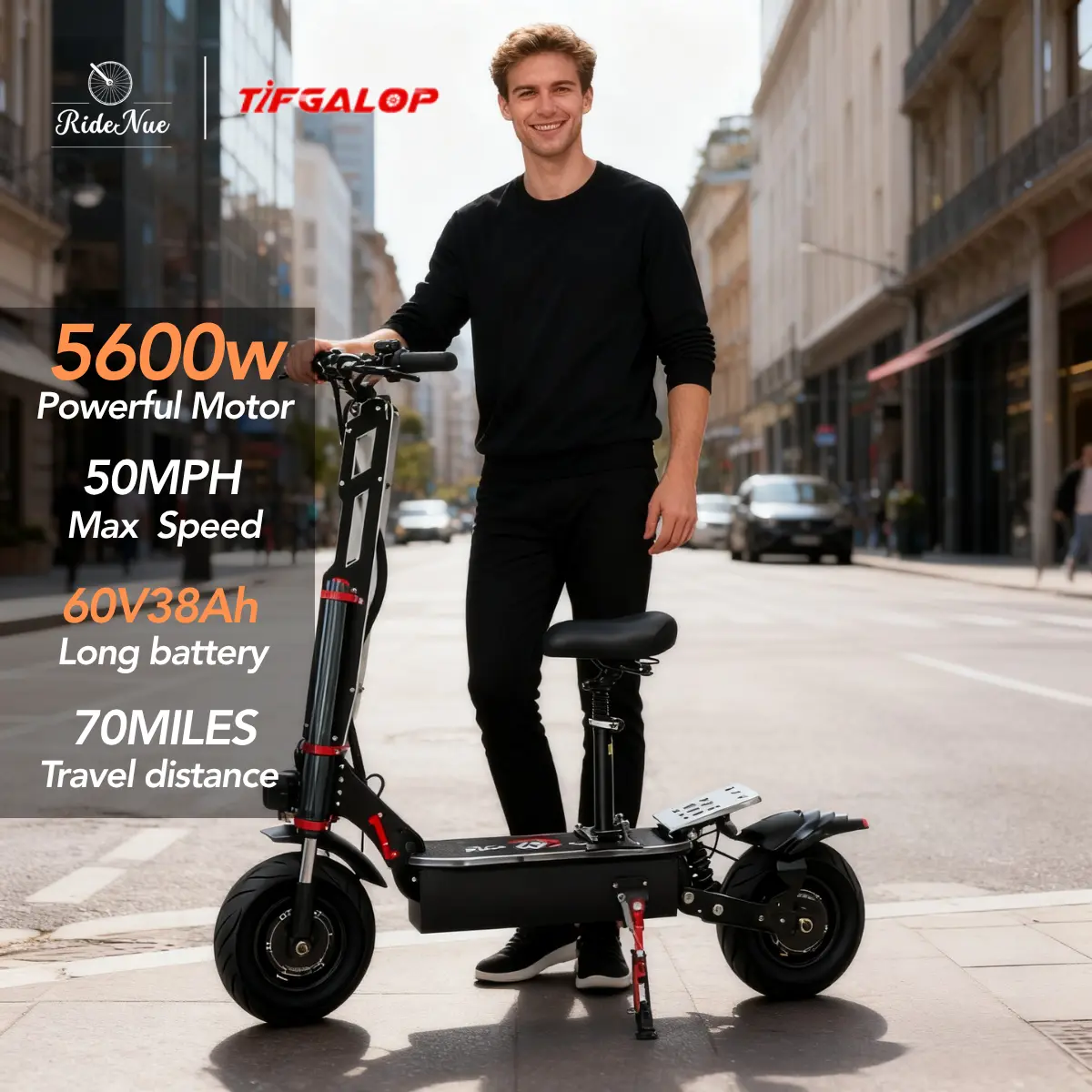 Tifgalop K8 Electric Scooter, 5600W Dual Motors, 60V 38Ah Battery, 50MPH Max Speed, Hydraulic Suspension, 12-inch Off-Road Tires, Heavy-Duty Adult E-Scooter，UL 2272 certified