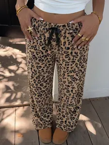 Women's Graphic Leopard Print Flannel Wide Leg Sweatpants, High Waist Drawstring Waist, Casual Loose Fit, Warm and Comfortable, Trendy Home & Pants