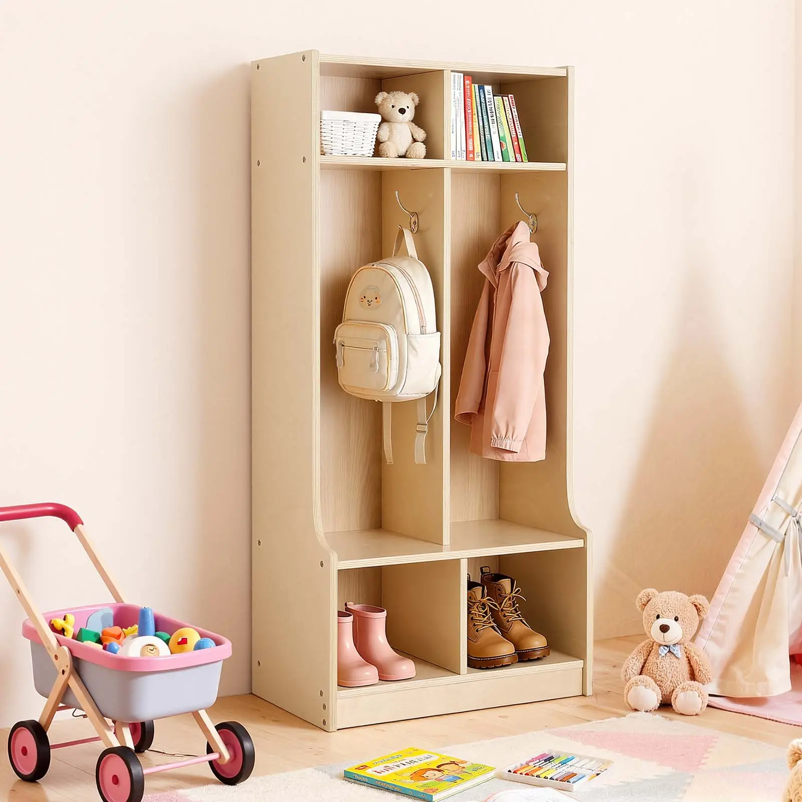 【SummerFinds】VEVOR 2-Section Wooden Kids Coat Locker Wardrobe, Child-Friendly Height Toddler Cubby Storage Organizer with 4 Hooks, Anti-Tip Kit, 4 Small Open Boxes, Stable Furniture for Home & Activity Areas, Easy Assembly Required Nursery Piece