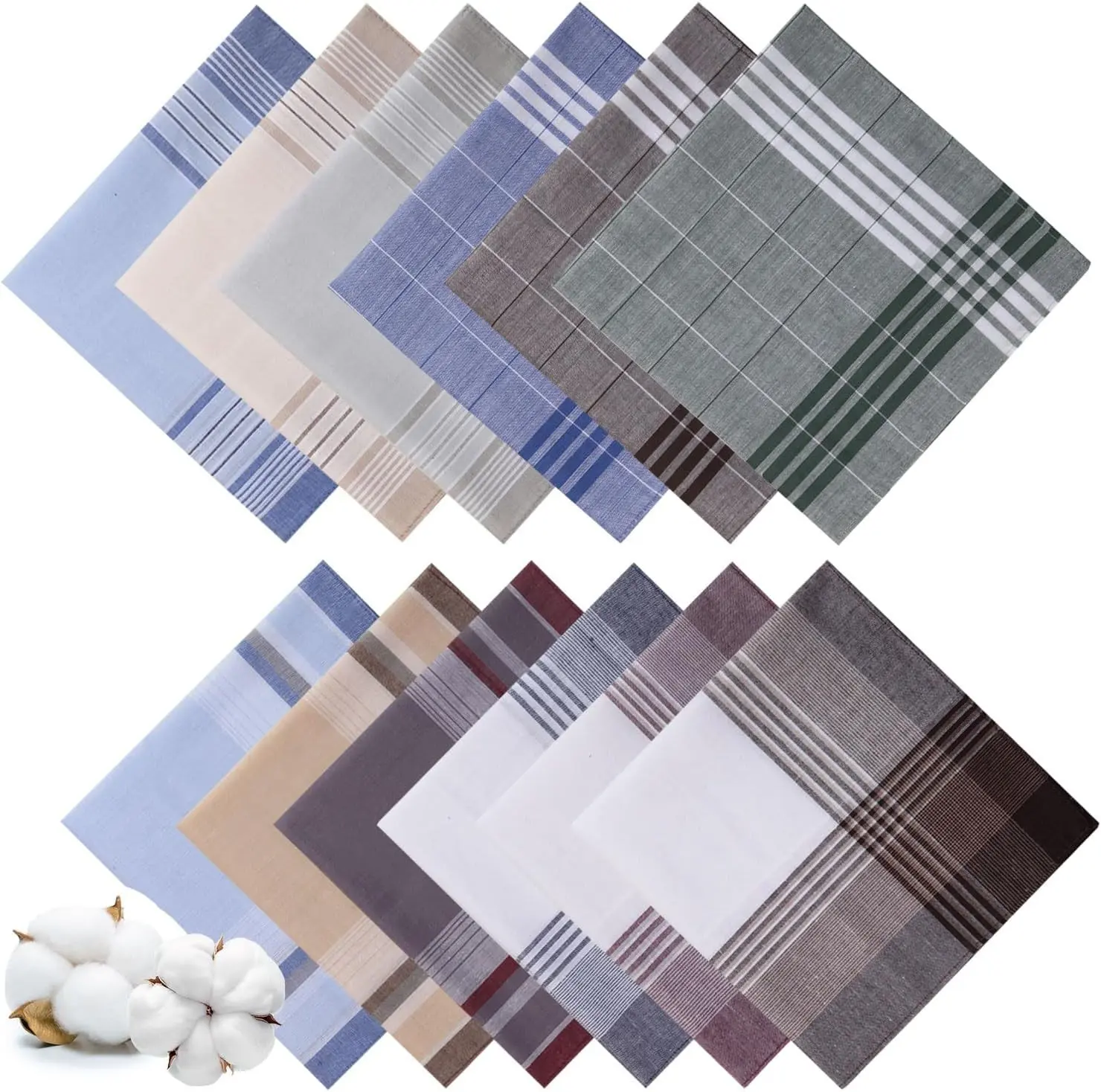 12 Pcs Handkerchiefs for Men, 100% Soft Cotton Men's Handkerchiefs with Check, Large Classic Hankies for Men (16 x 16 Inch)(Gift)