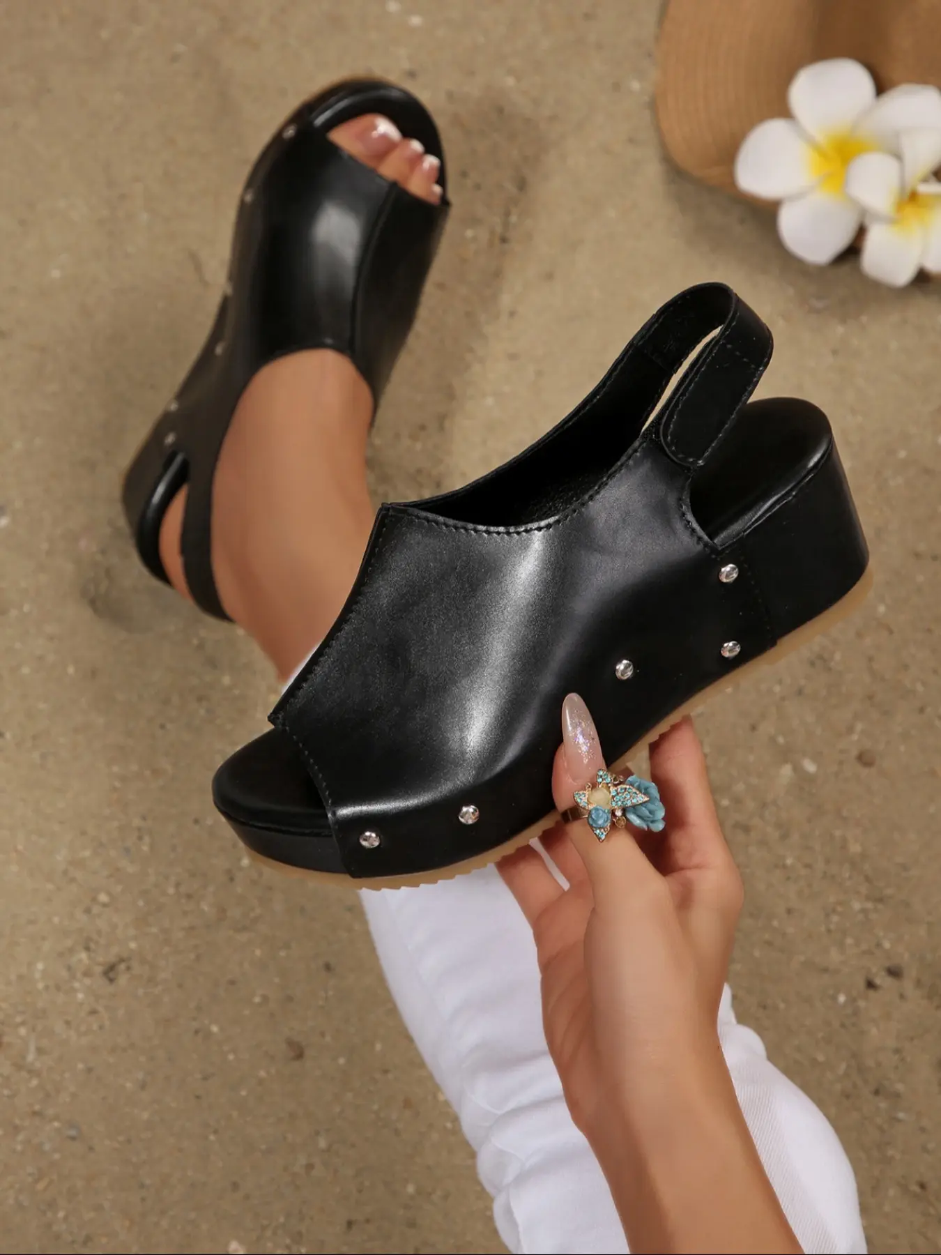 Women's Fashionable Open Toe Fish Mouth Sandals, Thick Sole Wedge Design, Rhinestone Embellished, Adjustable Back Strap, PU Leather, Adjustable Strap Platform, Glitter Heeled Sandals, Glitter Decorated Sandals
