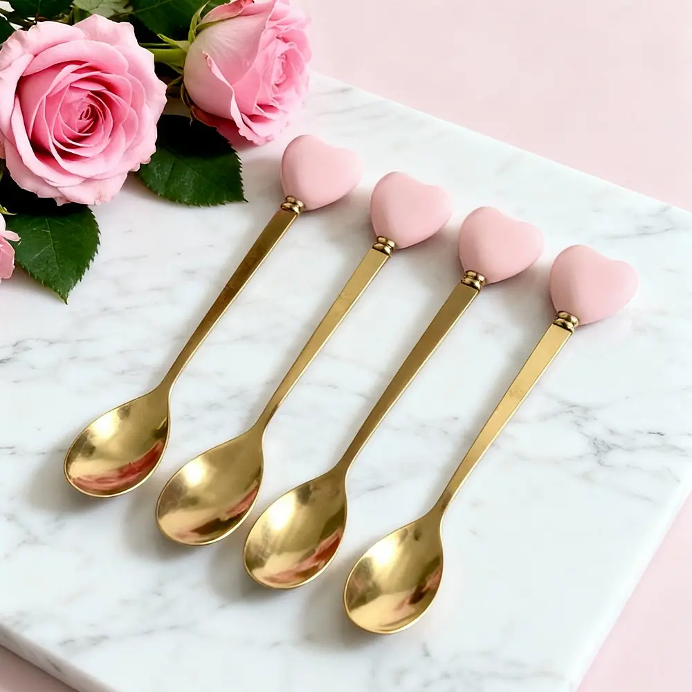 Elegant Heart-Shaped Ceramic Handle Coffee Spoons Set, Cutlery Tableware, Tea Scoop, Stainless Steel Utensils, Perfect for Afternoon Tea, Cafe and Desserts, Ideal Gift