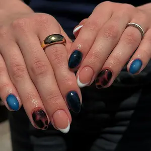 24 pieces of short almond shaped acrylic press on nails, Stylish acrylic nails, autumn blue brown retro leopard nails white color matching autumn and winter atmosphere fake nails with jelly glue 1 piece 1 rub strip Fake Nails Set