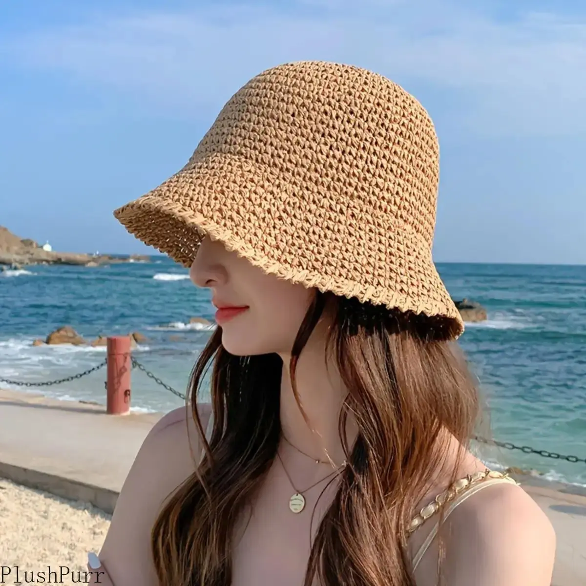 Women's Handwoven Straw Bucket Hat - 2026 Lightweight Casual Outdoor Fisherman Cap, Breathable Wide Brim Foldable Coastal Style Accessory for Summer Beach, Vacation, Sports & Outdoor Outfits, Casual Outdoor Hat