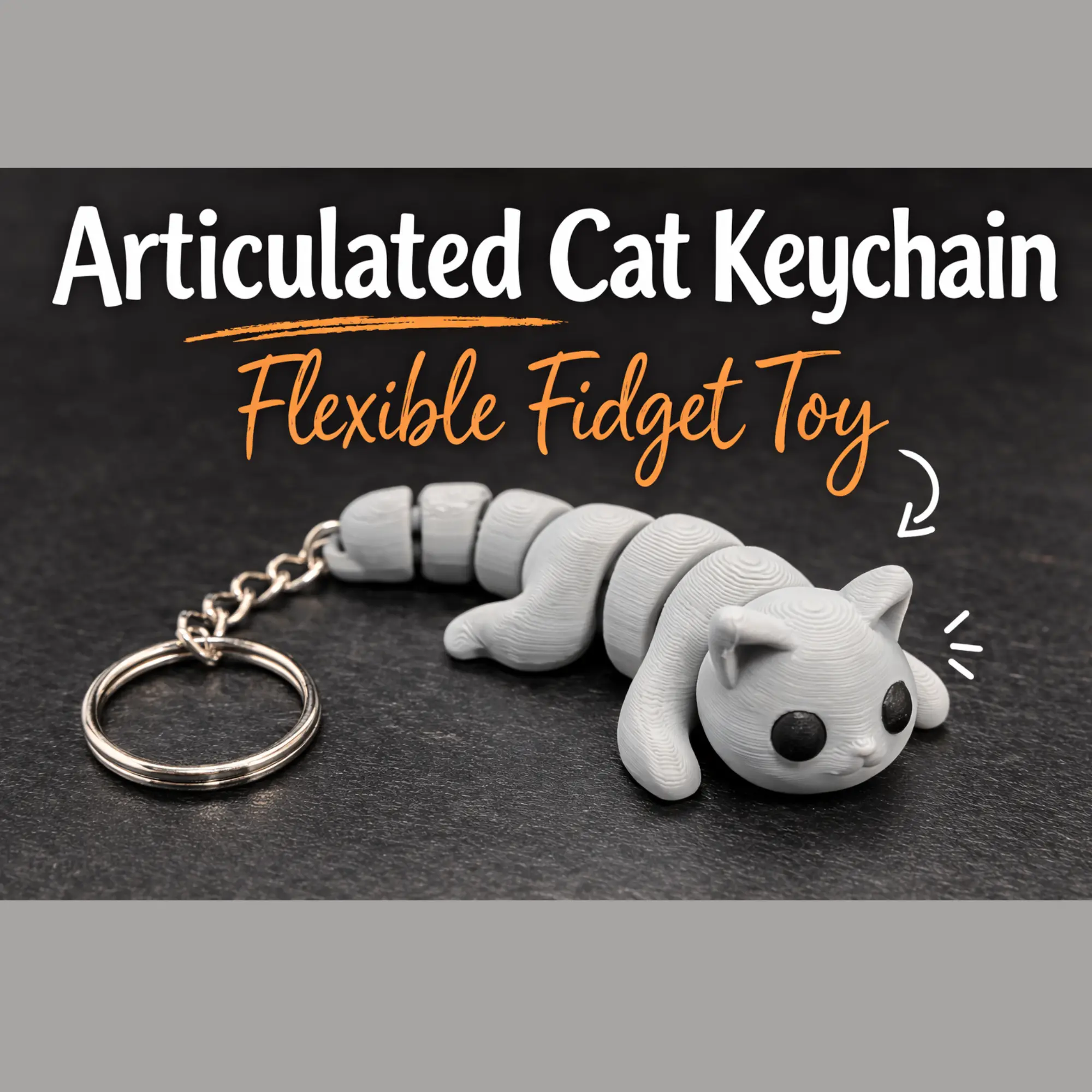 Articulated Cat Keychain | 3D Printed Cat Fidget Toy | Cute Kitty Keyring | Cat Lover Gift | Backpack Charm | Grey Cat Keychain | Pocket Pal