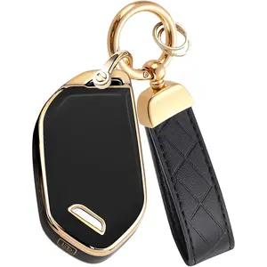 Key Fob Cover for KIA with Leather Keychain, Premium TPU Key Case Shell for Kia Telluride, Sorento, K5 GT-Line Remote Smart Key Fob Protector (5 Buttons, Black-Gold)