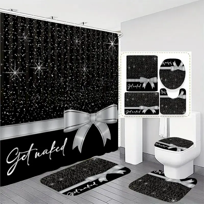 Rhinestone bow pattern bathroom decoration, 4-piece set, Bathroom Accessory, Bathroom Decoration Accessories, including shower curtain, toilet U-shaped mat, toilet lid cover, and rectangular floor mat, bathroom decor items, Bathroom Supplies