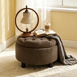 Round Storage Ottoman with Reversible Tray Lid, Tufted Footrest Stool with Hidden Storage, Couch Side Table for Low Tea