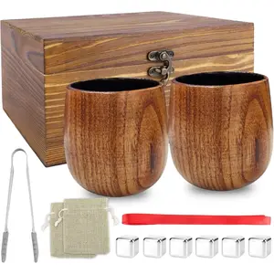 Charred Wooden Bourbon Drinking Glasses Set of 2 – Wooden Whiskey Tumblers & Old Fashioned Glasses | Whisky Glass Sets | Whiskey Gifts for Men, Dad & Birthday, Christmas, Anniversary