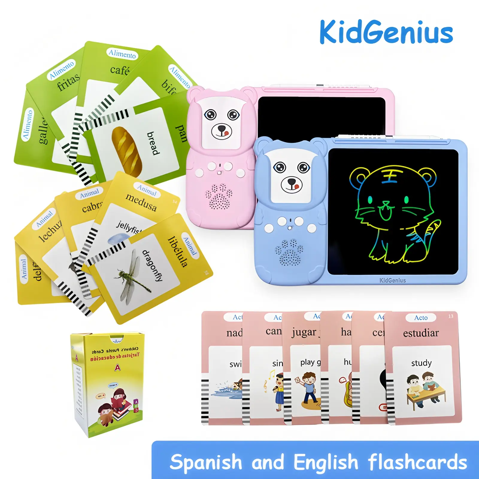 KIDGENIUS Bilingual Spanish-English Vocabulary Flashcards Set for Toddlers - Interactive Learning Educational Tool with Quick Erase Button, Colorful Drawing Board Set, Bilingual Instruction Cards (510 Words) - Kids' Gift