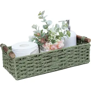 Round Paper Rope Storage Basket Wicker Baskets for Organizing with Handle Decorative Storage Bins for Countertop Toilet Paper Basket for Toilet Tank Top Small Baskets , Green