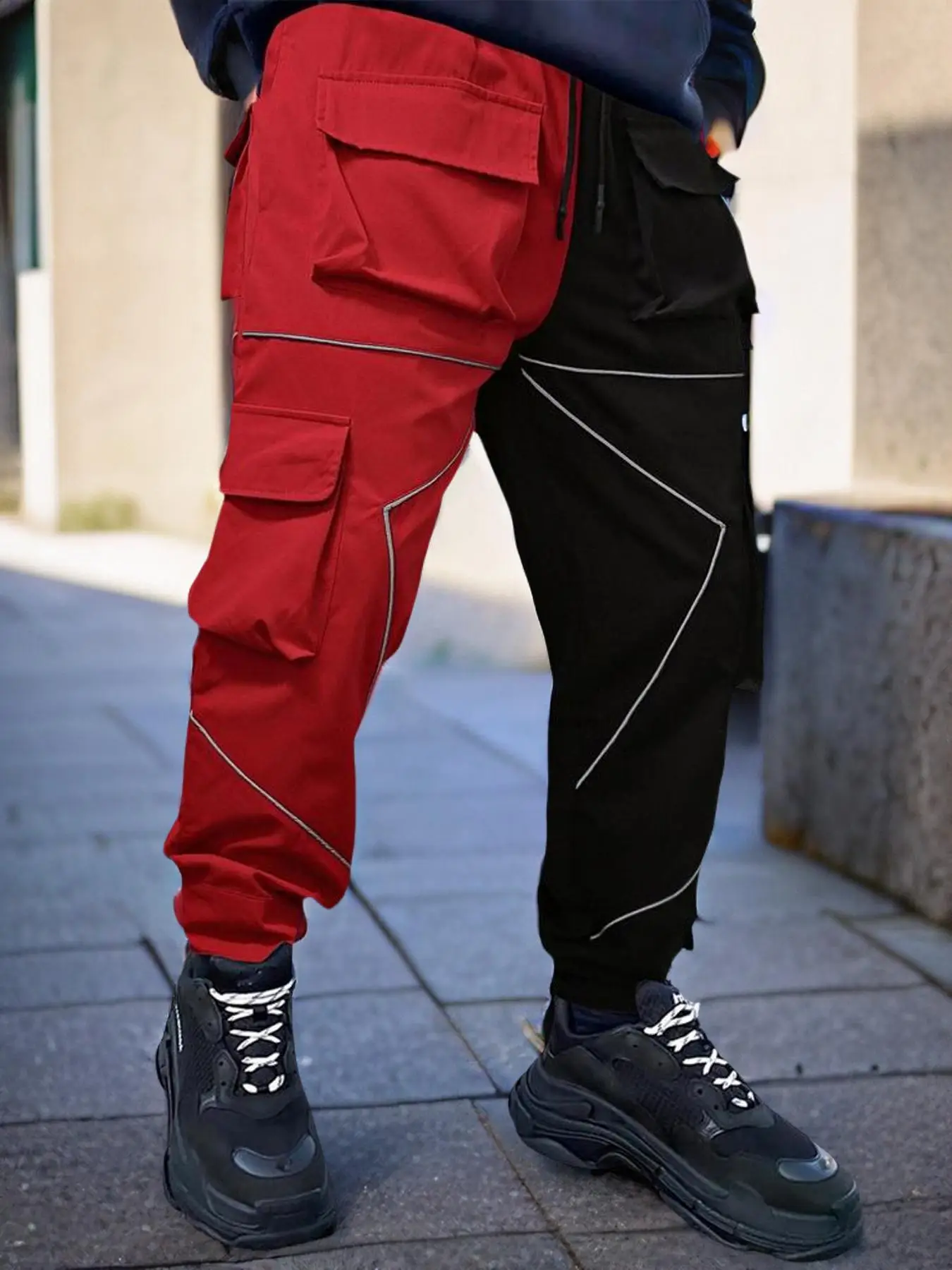 Men's Fashion Colorblock Drawstring Waist Cargo Pants, Chic Flap Pocket Design Trousers for Streetwear Going Out Holiday, Versatile Street Style Summe