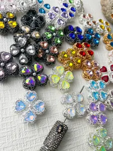 2 Counts Random Color Bling Bling Rhinestone Alloy Beads with Artificial Crystal Heart Design, 4-Leaf Hearts Stylish Decorative Beads for DIY Beaded Pen  Jewelry Making,