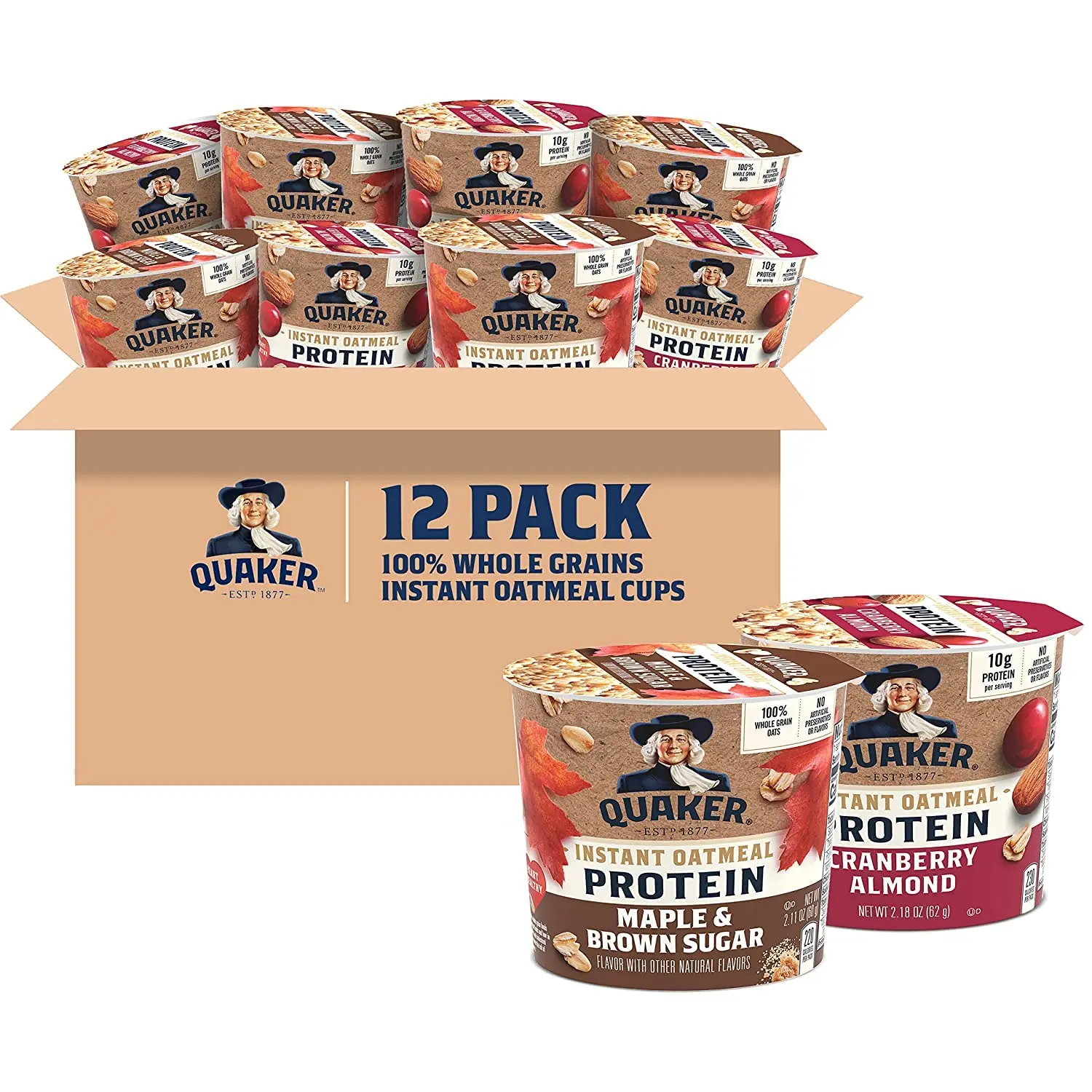 Quaker Protein Instant Oatmeal Express Cups Cranberry Almond, 10g Protein, Quick Breakfast Oatmeal Cups, 2.18 oz Each, Pack of 12