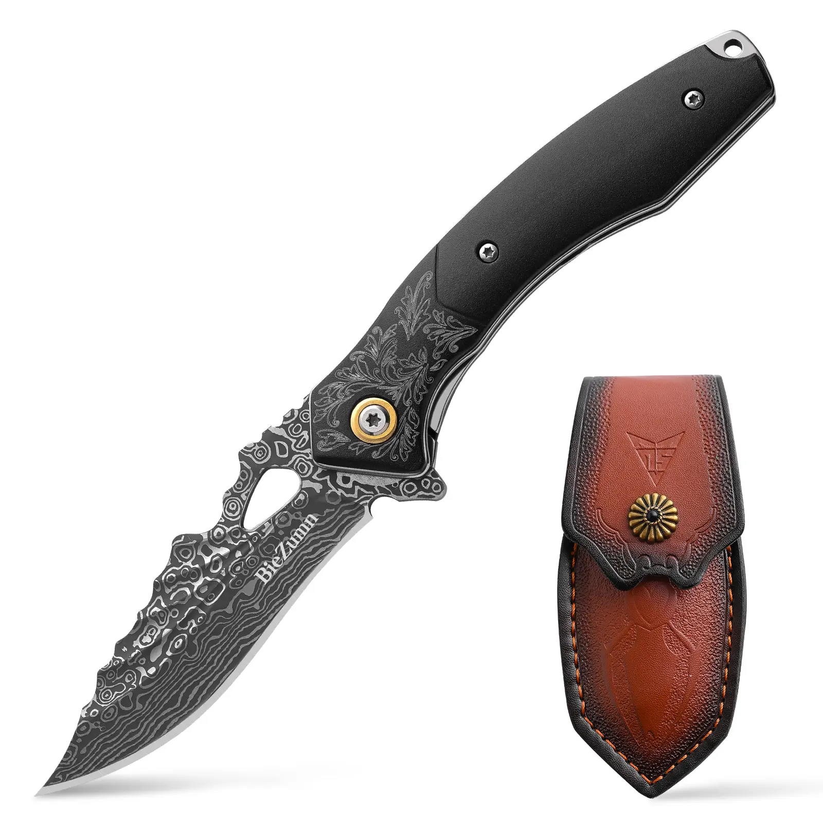 BieZumn Handcrafted Damascus Steel Folding Chef Knife - Ergonomic Handle, Leather Sheath, Durable Steel, Portable Folding Tool Knives, Premium Cooking Cool Gift Design Tool