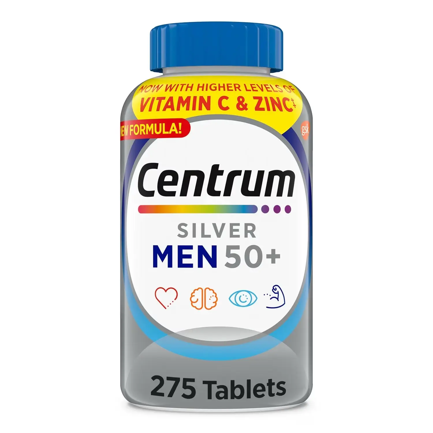 Centrum Silver Men's 50+ Age-Specialized Multivitamin-Mineral Tablets, 275-Count, Non-GMO, Gluten-Free, with Zinc, Vitamin C, B12, Cholecalciferol (Vit. D3), Smooth Coating, Cognitive Support, Body Health Micronutrient Supplement