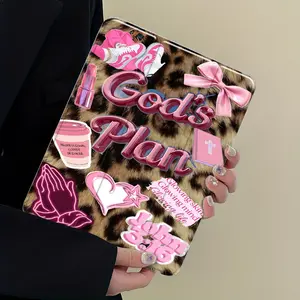 Retro Leopard Print God's Plan Sticker Collage iPad Case, Protective Cover Auto Wake/sleep,Anti-Drop Scratch-Resistant,Transparent Acrylic Back,Fits iPad 7.9/8.3/10.2/10.5/10.9/11/12.9 13 inch,Shock-resistant Full Cover Protective Case Ideal for Office