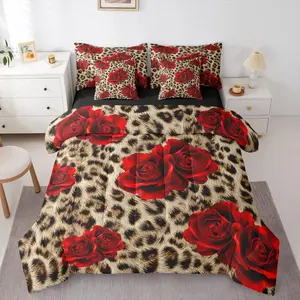 Leopard Print Comforter Bed Set,Red Rose 7 Piece Bed Bag,Brown Cheetah Sheets,and Pillowcases Wildlife Animal Bedding Set,Room Decor Bed Set
