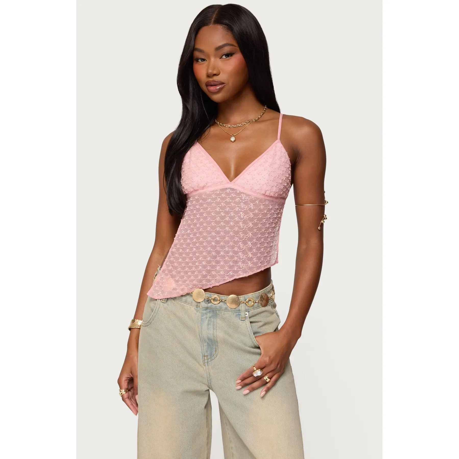 Beaded Mesh Asymmetric Backless Top