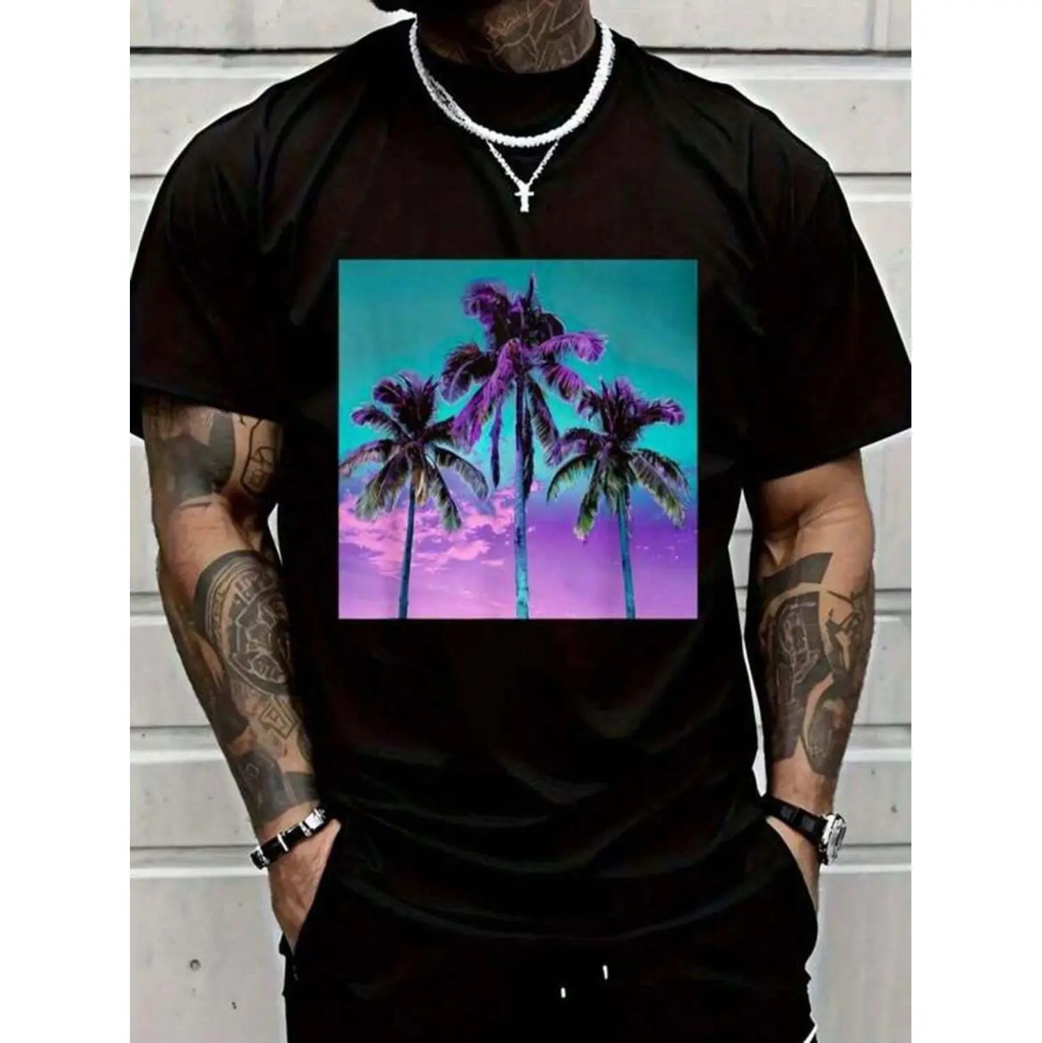 Vintage Tropical Cotton Tee With Black Palm Tree Print In Teal Turquoise And Purple For Men