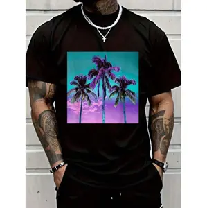 Vintage Tropical Cotton Tee With Black Palm Tree Print In Teal Turquoise And Purple For Men
