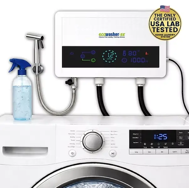 EcoWasher SE Detergent-Free Laundry Cleaning System - Hard Water Optimized, Ozone & Ionization Tech, Magnet-Powered, 2 Ozone Settings, Stainless Steel Sprayer, Compact Small Footprint Unit, Digital Display, Fox News Featured