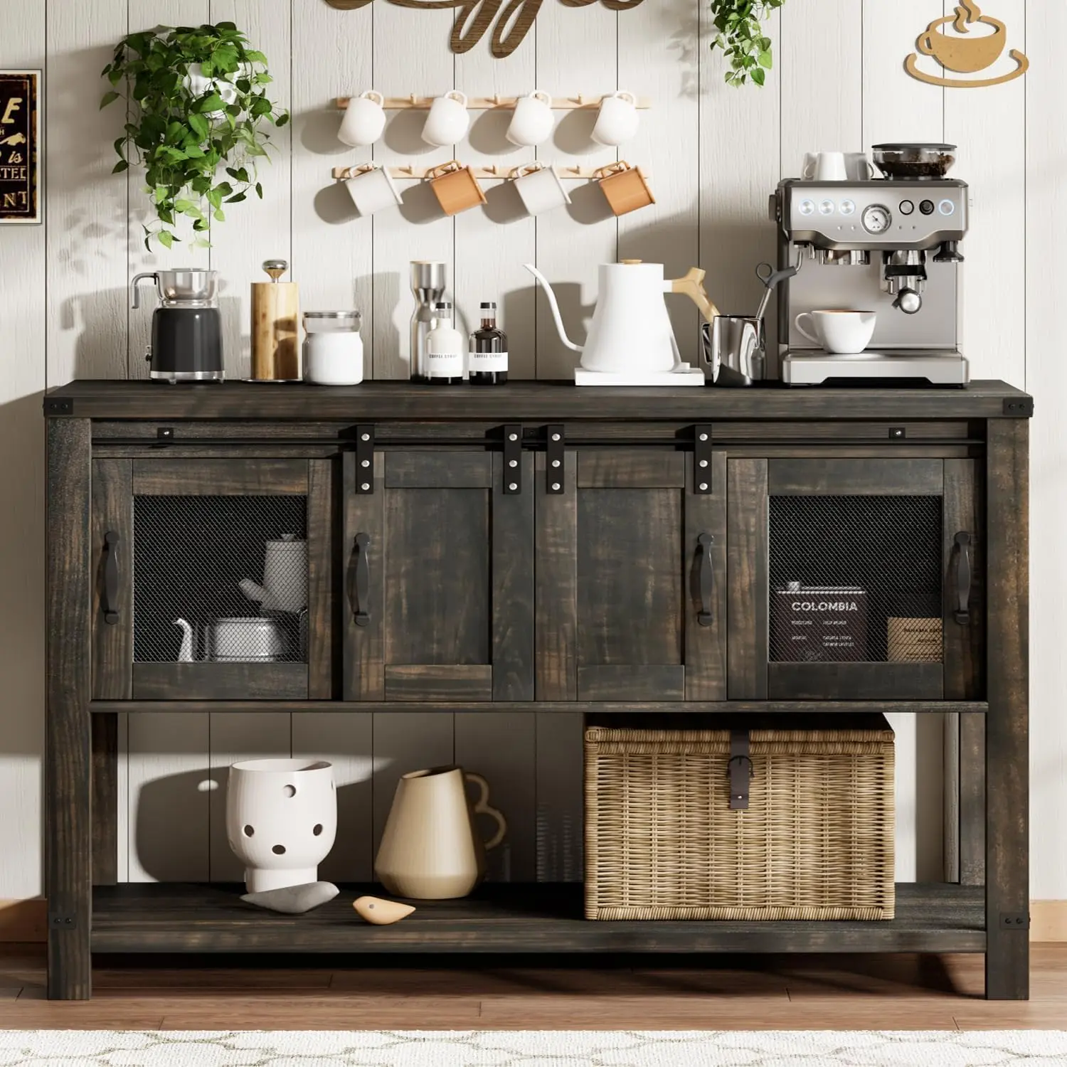 [SummerSale] HOMBCK Farmhouse Coffee Bar Cabinet with Storage, 47'', Sliding Barn Door,  Buffet Cabinet with Metal Mesh Doors,  Bottom Open Shelf, Living Room #home essentials#back to school