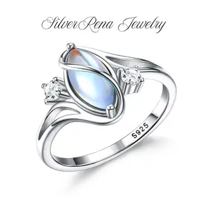 S925 Mother's Day Synthetic Moonstone Ring with 5A CZ Accent Design, Elegant Women's Rainbow Stone Jewelry for Girls, Romantic Moon Ring Perfect Gift for Lover as Birthday and Christmas, for Daily Wear and Party