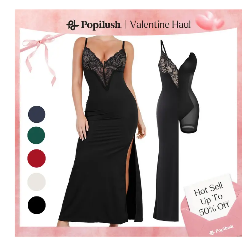 【Clearance】Popilush Formal Lace Built-in Shapewear Set Womenswear Sleeveless Deep V-Neck Maxi Dress Birthday Dress or Wide Leg Jumpsuit Tummy Control Cocktail Party