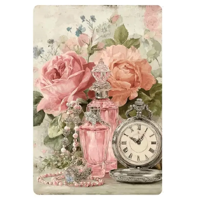 Vintage Distressed Metal Tin Sign - Pink Roses, Perfume Bottles, Pocket Watch, Pearl Jewelry, Shabby White Wood Plaque - French Cottagecore Floral Vanity Still Life Decorative Wall Art for Makeup Room, Bathroom Gift for Flower-Loving Girls, Vintage Rose P