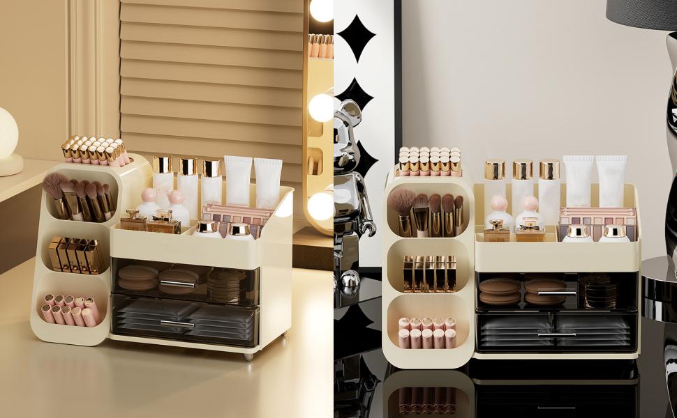 Large Makeup Organizer with Drawers, Spacious Cosmetics Display Case with Brush Holder for Vanity, Skin Care Storage Solution for Lipstick Eyeshadow Palettes Beauty Essential Bathroom
