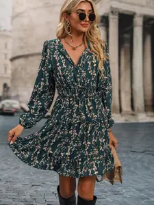 Elegant Women's Deep Floral Fitted Dress, V Neck Long Sleeve, Bohemian Autumn Winter Fashion, Ladies Casual Wear, Stylish, Aesthetic and Comfortable Womenswear