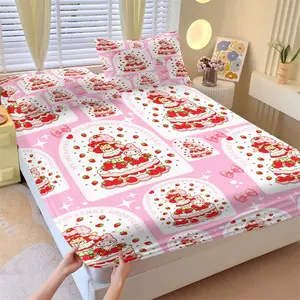 3-Piece Strawberry Girl Patterned Bed Sheet Set, Including 1 Bed Sheet And 2 Pillowcases, Printed Bedding Set, With Anti Slip Dust Cover Suitable For Bedrooms And As a Birthday Or Holiday Gift, Bedding Sheet