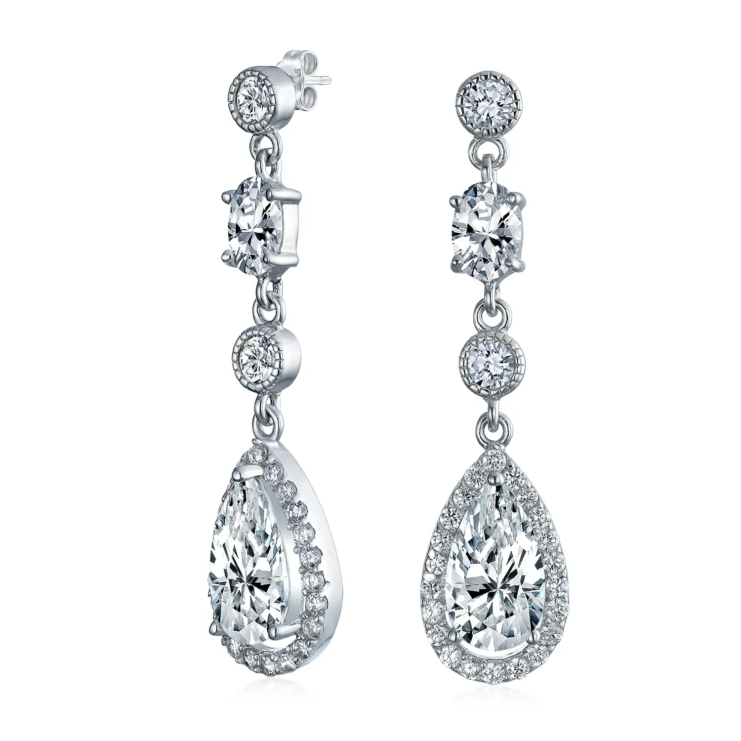 Cocktail Bridal Multi-Tier Halo CZ Teardrop Statement Chandelier Earrings