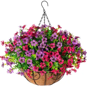 Artificial Hanging Plant Flower Basket, Faux Flower Basket with Hanging Basket, Outdoor Decoration for Porch Home Courtyard Balcony Yard, Garden Accessories, Artificial Hanging Baskets