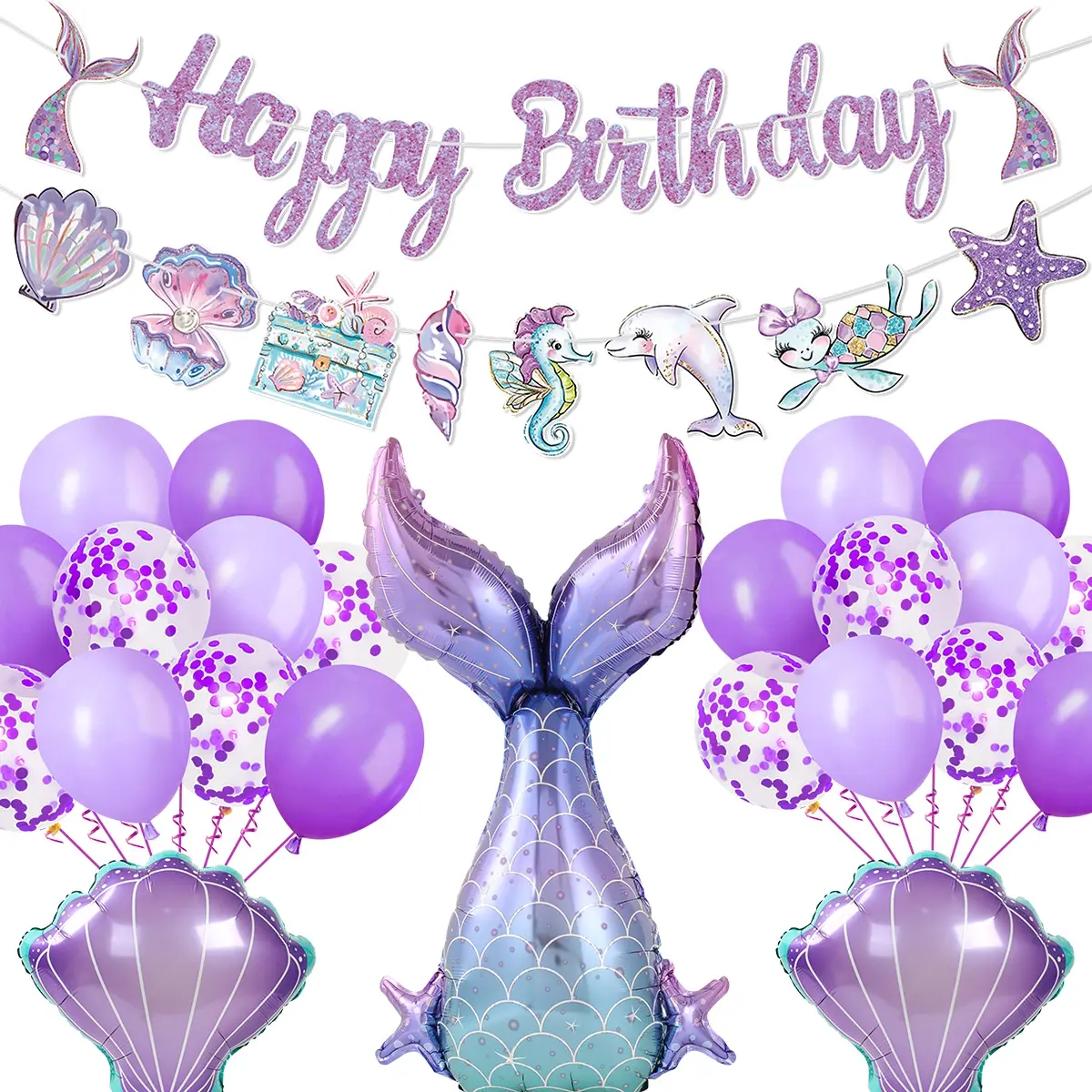30Pcs Mermaid Birthday Balloon Kit with Happy Birthday Banner, Purple Mermaid Tail Foil Latex Balloons Garland Set for Girls Under The Sea Theme Birthday Party Decorations