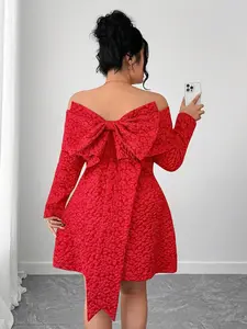 Elenzga Plus Size Christmas Red Jacquard Off Shoulder Backless Bow Dress | Festive Long Sleeve Short Party Dress for Women