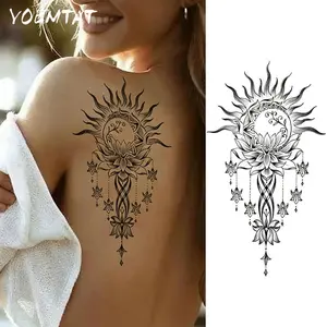 Bohemian Sun & Moon Lotus Flowers Waterproof Temporary Tattoo Sticker Dreamcatcher Henna-style Elegant Floral Body Art Arm Fake Tattoos Sleeve For Women Men Aldults Back, Spine, Shoulder