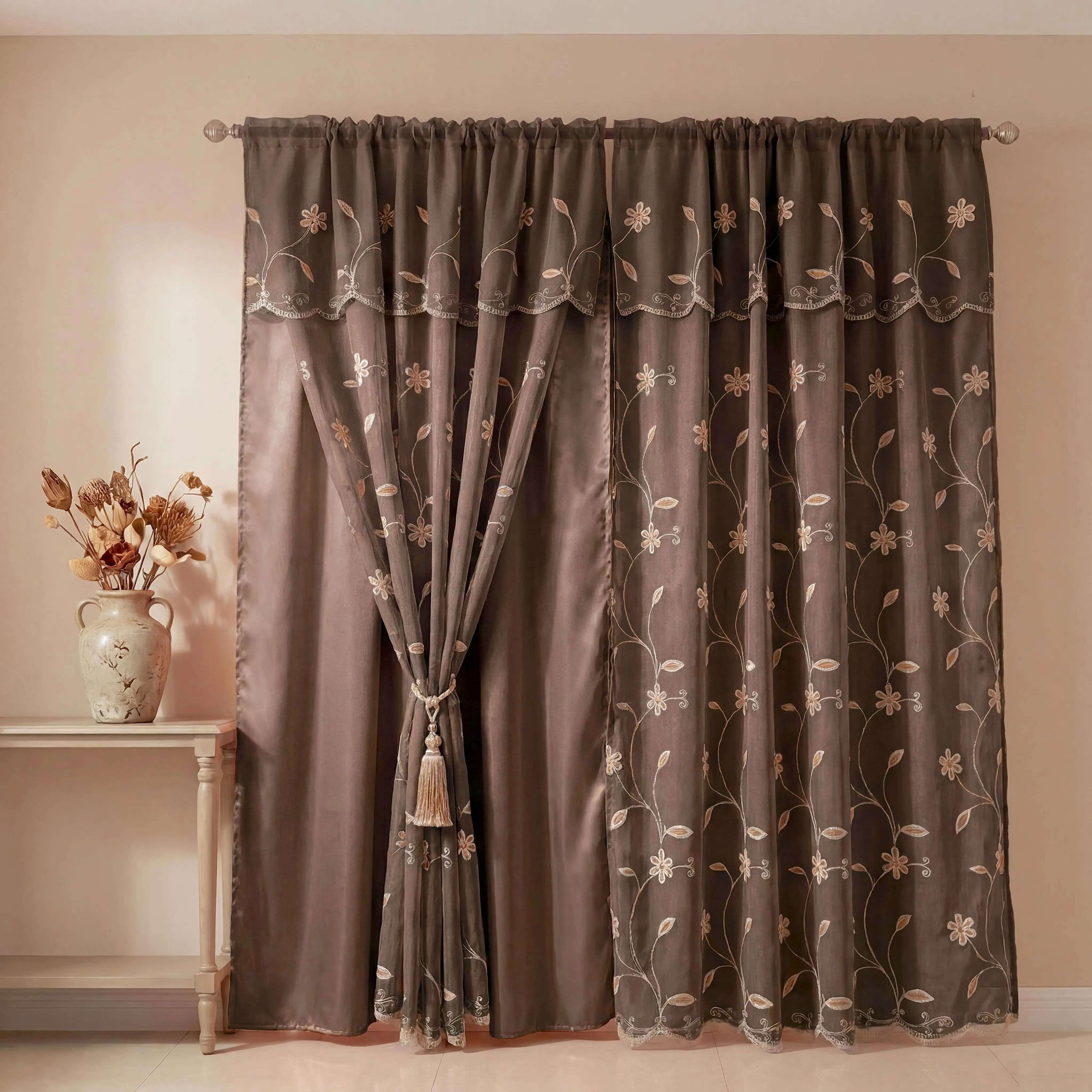 2-Panel Embroidered Vine Floral Blackout Window Drapes, 52"x84" Double-Layer with Waterfall Valance & Rod Pocket, Polyester Fits Low Iron QF29 Summer Household Textile for Living Rooms, Bedrooms House Decor