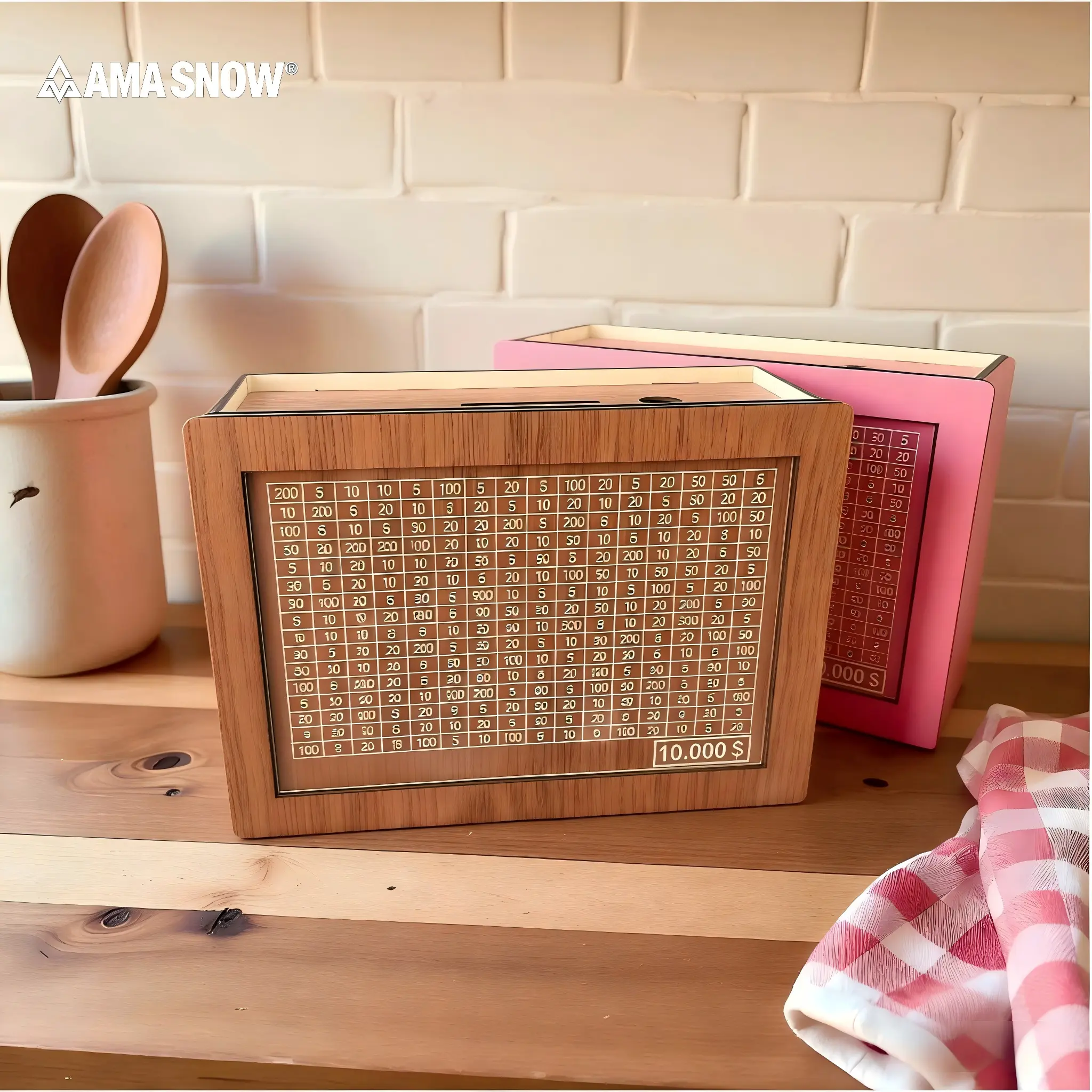 MONEYBOX Wooden Savings Box – Eco-Friendly $10,000 Saving Challenge & 2026 Money Plan Gift