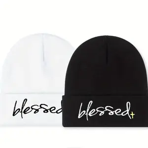 Stylish Blessed Embroidered Acrylic Beanie Soft Breathable Stretchy Warm Winter Hat Unisex Fashion Knitted Headwear for Autumn Winter with Elastic Knit Skull Cap Design