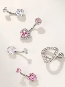 5Pcs Pink Heart Silver Steel Belly Button Rings Rhinestone Belly Ring Belly Piercing Jewelry Belly Rings for Women Navel Piercing Jewelry Fashion Body Jewelry