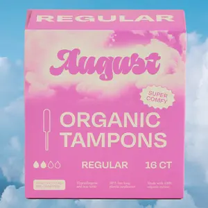 August Regular Tampons - Zero-Feel. Organic Cotton. Compostable Wrapper. August Regular Tampons - Zero-Feel. Organic Cotton. Compostable Wrapper.