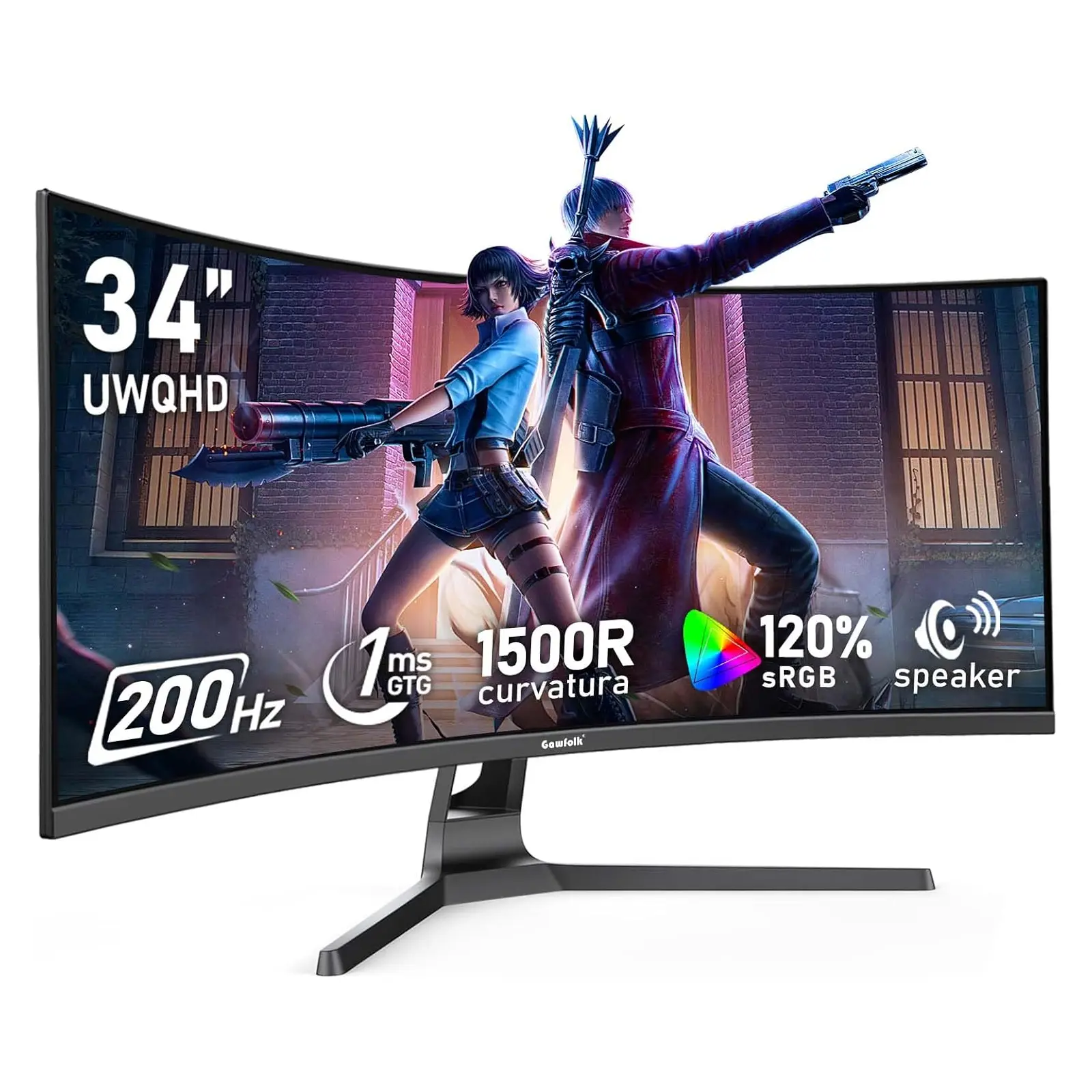 34 Inch 200Hz Ultrawide Curved Gaming Monitor, 1500R 21:9 UWQHD 3440x1440, 1ms GTG, 120% sRGB, Adaptive Sync, Built-in Speaker, HDMI/DP, VESA Wall Mountable Black
